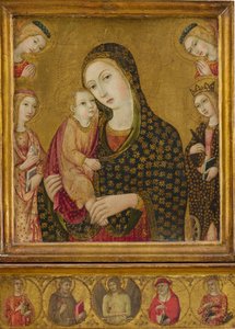 مادونا والطفل مع المسيح الميت ، القديسين أغنيس وكاترين الإسكندرية ... كاليفورنيا. 1470-80. بواسطة سانو دي بيترو