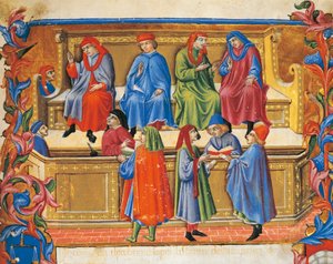صورة مصغرة لمحكمة التجارة من قوانين التجار بقلم سانو دي بيترو (1472) ، إيطاليا القرن الخامس عشر.
