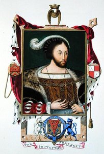صورة لإدوارد سيمور (1506-52) اللورد حامي إدوارد السادس ودوق سومرست من "مذكرات محكمة الملكة إليزابيث" ، نُشرت عام 1825 (ألوان مائية وغواش على ورق) بواسطة سارة كونتيسة إسكس
