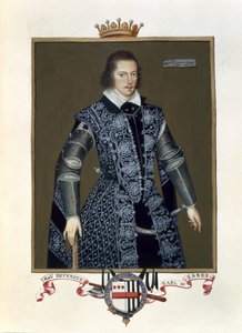 صورة لروبرت ديفيروكس (1566-1601) إيرل إسكس الثاني من مذكرات محكمة الملكة إليزابيث بعد زيت السير ويليام سيغار (fl.1913-d.1633) المنشور عام 1825 (مرحاض وغواش على ورق)