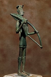 Nuragic culture (nuraghi) Sardinian: bronze warrior statuette. 8th-7th century BC. Cagliari, Museo Nazionale Archeologico, Sardinia, Italy