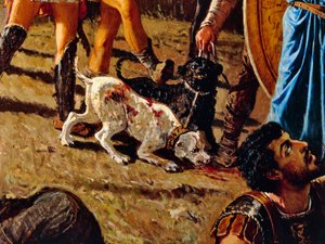 Dogs in battlefield, detail from The Triumph of Marius, painting by Francesco Saverio Altamura (1822-1897), oil on canvas, 234x352 cm, Italy