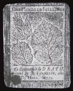 A 100 shilling note designed and printed by Benjamin Franklin in 1759 (litho) بواسطة المدرسة الأمريكية