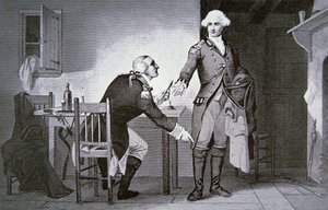 American traitor: General Benedict Arnold instructing Andre to hide papers in his boot top (litho)