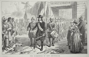 Governor Peter Stuyvesant surrenders New Amsterdam to the British in 1664 (litho) بواسطة المدرسة الأمريكية