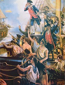 `` لم أبدأ القتال بعد '' ، صرخ جونز متحديًا من سفينته Bonhomme Richard إلى HMS Serapis ، 23 سبتمبر 1779 (color litho) بواسطة المدرسة الأمريكية