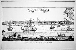 مدينة نيويورك ، من Popple's American Atlas ، نُشرت عام 1739 (litho) بواسطة المدرسة الأمريكية