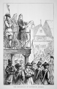 Sir Edmund Andros proclaims the Dominion of New England in 1686 with himself as governor (litho) بواسطة المدرسة الأمريكية