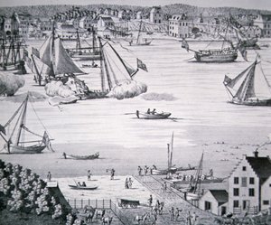 منظر للنهر الشرقي ، نيويورك حوالي عام 1750 مع مركز لبناء السفن (ليثو) بواسطة المدرسة الأمريكية
