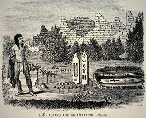 Zuni Tribesman ينفخ حبوب اللقاح فوق ضريح بويبلو (نقش) بواسطة المدرسة الأمريكية