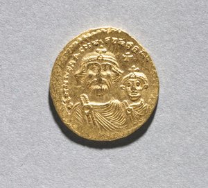 Solidus مع Heraclius وابنه Heraclius Constantine (الوجه) ، حوالي 616-625 (ذهبي) (انظر CVL 499741 للرجوع إلى الخلف)