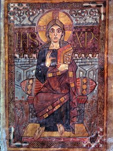 الفن الكارولنجي: المسيح في الجلال (في المجد). نسخة مصغرة من مخطوطة "Evangeliaire de Godescalc، Ecole du Palais de Charlemagne" (الورقة 3) نسخة بقلم Godescalc من تريزور Saint-Sernin de Toulouse، Bibliotheque du Louvre، 781-783. BN ، باريس