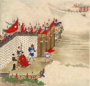 الفن الصيني: أمير صيني يستقبل رسول تمبرا على حرير من المدرسة الصينية حوالي عام 1820 مقاس 24.6 × 23.7 سم مجموعة خاصة بواسطة المدرسة الصينية