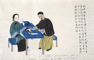 أو 11539 صفحة 89v أخذ النبض من ألبوم مشاهد الحياة في الصين (ألوان مائية على ورق) بواسطة المدرسة الصينية