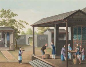 إنتاج الشاي، حوالي عام 1820 (طلاء بالألوان الجسدية والذهبية على حرير موضوع على ورق) بواسطة المدرسة الصينية