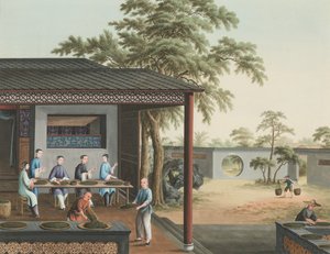 إنتاج الشاي، حوالي عام 1820 (طلاء بالألوان الجسدية والذهبية على حرير موضوع على ورق) بواسطة المدرسة الصينية