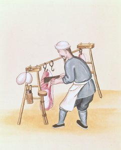 بائع اللحوم ، من كتاب عن مكالمات شوارع بكين ، حوالي عام 1785 (ألوان مائية وغواش على ورق) بواسطة المدرسة الصينية