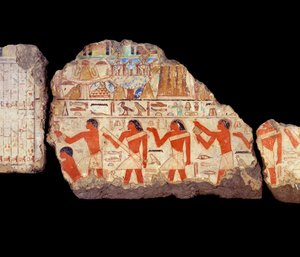 فن مصر القديمة: لوحات مصطبة ميتشيتشي: رسم جداري للكهنة الشعائريين ، الأسرة السادسة (حوالي 2350-2200). بواسطة المدرسة المصرية