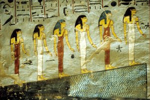 مصر القديمة، لوحة، مقبرة رعمسيس الأول، طيبة، ست آلهة تمثل الساعات الست الأولى من الليل، تصعد جبلًا تحته بركة بواسطة المدرسة المصرية