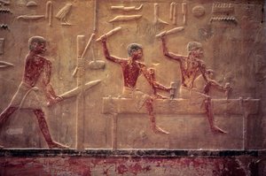 مصر القديمة، نحت/رسم على الحائط، المصطبة/مقبرة تي، سقارة، الأسرة الخامسة، النجارون ينشرون ويطرقون، شعاع التشكيل (صورة) بواسطة المدرسة المصرية