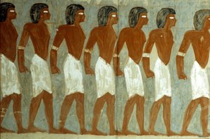 مصر القديمة، لوحة جدارية، أسرى مقيدين، لوحة غير مكتملة، مقبرة حورمحب بواسطة المدرسة المصرية