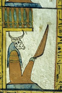 مصر القديمة، لوحة جدارية، إله العالم السفلي برأس بقرة، مقبرة سننجم، طيبة، دير المدينة بواسطة المدرسة المصرية