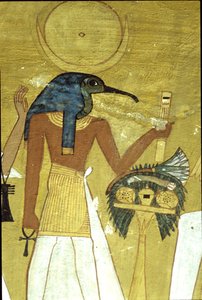 مصر القديمة، لوحة جدارية مقبرة انحرخاو، طيبة، الإله تحوت يقدم المتوفى لأوزوريس، الأسرة العشرين، أبو منجل رأس الإله بقرص القمر (صورة) بواسطة المدرسة المصرية