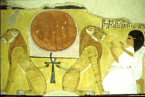 مصر القديمة، لوحة جدارية مقبرة انحرخاو، طيبة، انحرخاو يعشق أسدين، حراس اليوم والغد، الأسرة العشرين (صورة) بواسطة المدرسة المصرية