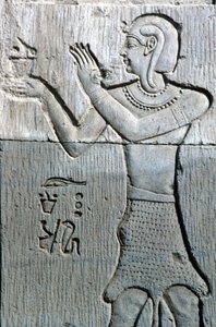 مصر القديمة، الرسم على الجدران/النحت، كاهن يرتدي جلد النمر ويقدم البخور، معبد سيبك وحورس كوم أمبو (صورة) بواسطة المدرسة المصرية