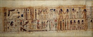 بردية الفن الأسطورية المصرية القديمة في سيريمن. في الأعلى: أثناء خلق العالم ، انفصل الإله جيب (الأرض) عن الإلهة نوت (الجنة) ؛ الآلهة والأجناس من الآن فصاعدًا. أدناه: تحيي Serimen الشمس التي تغمرها راها بواسطة المدرسة المصرية