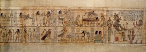 بردية الفن الأسطورية المصرية القديمة في سيريمن. في الأعلى: سيرين يحب الإله أوزوريس الذي يمثله شعاره في مدينة أبيدوس. روح الموتى على شكل طائر تحلق فوق مومياءه تراقبها الإلهة إيزيس (على اليسار) ونفتيس (على اليمين) بواسطة المدرسة المصرية