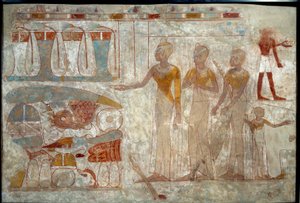 الفن المصرى القديم: موسيقيون فى مأدبة. الرسم على الطمي (حوالي 1400 قبل الميلاد). بواسطة المدرسة المصرية