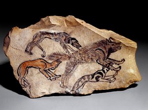 كلاب تصطاد الضبع (نقش على الحجر ، 1300-1100 قبل الميلاد) بواسطة المدرسة المصرية