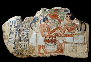 الآثار المصرية: إيري شاهدة في الحجر الجيري. زوجان يقدمان عرضا. الفترة الانتقالية الأولى (2200-2033 ق.م.) الشمس. 0.3x0.52 م باريس ، متحف اللوفر بواسطة المدرسة المصرية