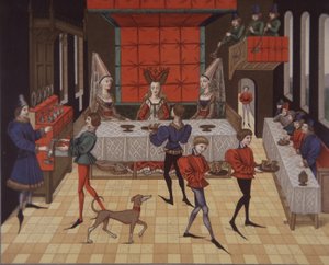 15th century medieval aristocratic ladies served dinner (colour litho) بواسطة مدرسة اللغة الإنجليزية