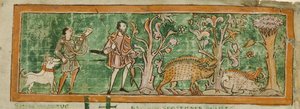 قطن MS Tiberius B V / 1 f.7 رعي الخنازير ، من مجموعة من الأنجلو ساكسونية المتنوعة (الرق) بواسطة مدرسة اللغة الإنجليزية