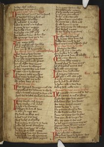 Harley MS 2558 f.8r ، Novele cirurgerie ، مقتطفات (365 سطرًا). مجموعة من الوصفات الطبية في الآية الأنجلو نورماندية (الرق) بواسطة مدرسة اللغة الإنجليزية