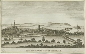Lichfield - منظر الجنوب الغربي: نقش على لوح نحاسي ، بدون تاريخ [أواخر القرن الثامن عشر] (طباعة) بواسطة مدرسة اللغة الإنجليزية