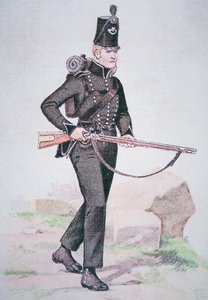 جندي من بنادق الـ 95 ، حوالي عام 1810 ، مسلحة ببندقية بيكر ، صممها إزكييل بيكر من لندن (لون ليثو) بواسطة مدرسة اللغة الإنجليزية