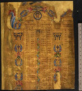 طاولات كانون ، القرنين السادس والسابع ، إضافة MS 5111 ، f.11r (قلم وحبر مع ورقة ذهبية على الرق) بواسطة المدرسة الأوروبية