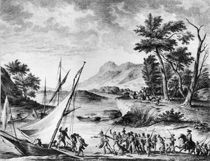 الثورة الفرنسية: اعتقال السفراء الفرنسيين تشارلز لويس هوغيت دي سيمونفيل (1759-1839) وهوج برنارد ماريت (1763-1839) في نوفاتي في 25 يوليو 1793. نقش ورسم لدوبليسي - بيرتوكس. باريس ، مكتبة معهد تاريخ ريفولو بواسطة المدرسة الفرنسية