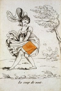 بطاقة قديمة للعب: آس الماس - "" عاصفة الريح "" "رفع تنورة المرأة. Musée de la Carte à Joucher، Issy-les-Moulineaux. بواسطة المدرسة الفرنسية