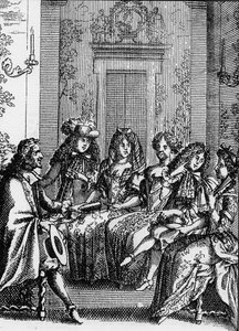 تمثيل مشهد من مسرحية "La Critique de l'ecole des femmes" (1663) لجين بابتيست بوكلين دي موليير (1622-1673). بواسطة المدرسة الفرنسية
