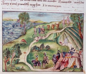 MS Add.15217 fol.40 منظر طبيعي فنزويلي مع معسكر إسباني ، من مجموعة مذكرات عائلة كويلر ، نورمبرغ بواسطة المدرسة الألمانية