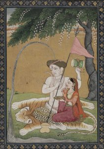 شيفا وبارفاتي على جلد النمر ، حوالي 1800 (ألوان مائية مع ذهبي وفضي) بواسطة مدرسة جولر