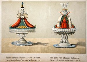 تصميم لعرض لسان الثور على سرير من الإستيارين ولكركند ، رسم توضيحي من كتاب طبخ مجري عن الطبخ الفرنسي ، حوالي عام 1880 (لون ليثو) بواسطة مدرسة الهنغارية