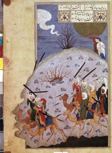 المجنون يشاهد معركة بين نوفل وقبيلة ليلى على يد سيد إيراني. (ألوان مائية ، غواش ، لون أبيض ، حبر على ورق بواسطة المدرسة الإيرانية