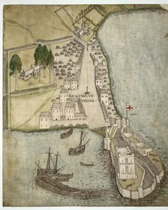 قلعة وبلدة Carrickfergus ، أيرلندا ، حوالي 1560 (قلم حبر وألوان مائية على ورق) بواسطة مدرسة الأيرلندية