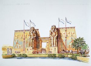 طيبة القديمة - إعادة بناء تماثيل أمحوتب الثالث ، المعروفة باسم تمثال ممنون ، في زمن رمسيس الثاني (لون ليثو) بواسطة المدرسة الايطالية