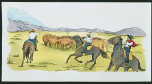 Argentina - gauchos gathering cattle in the Pampas (colour litho) بواسطة المدرسة الايطالية